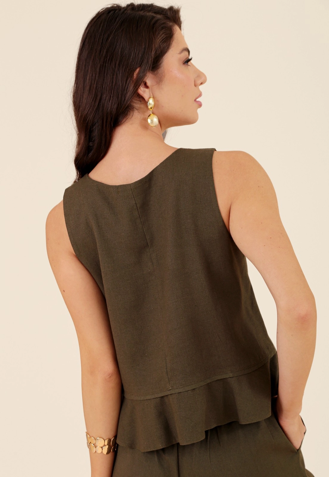 Blusa Peplum Em Linho Com Abertura Lateral
