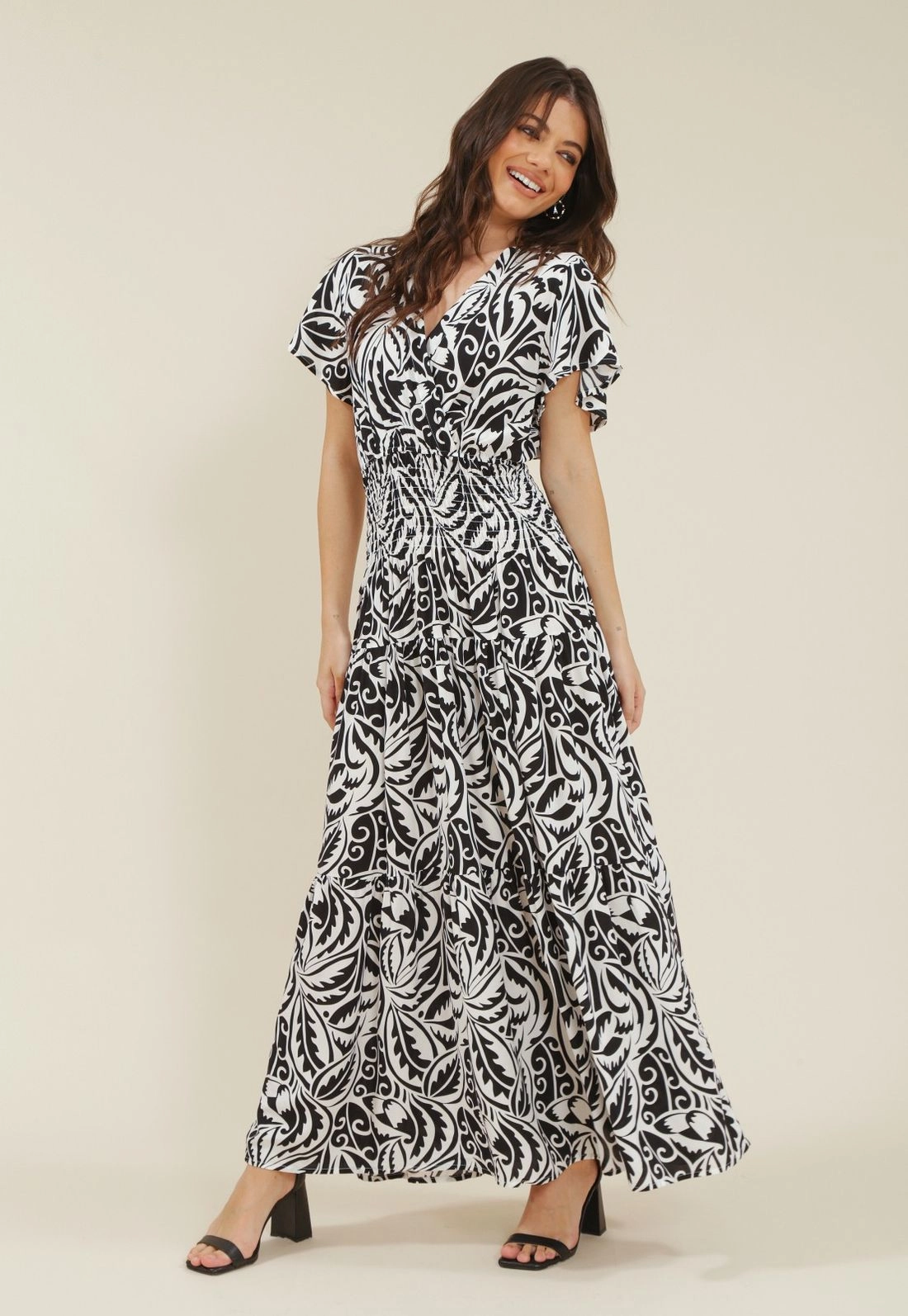 Vestido Longo Com Manga Curta E Lastex Com Viscose Estampada Bicolor