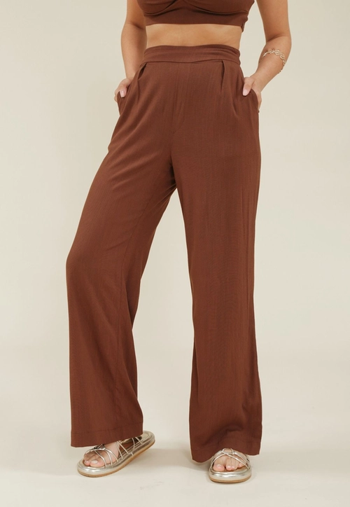 Calça Wide Leg Em Viscolinho Com Elastano E Pregas Frente