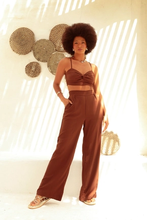 Calça Wide Leg Em Viscolinho Com Elastano E Pregas Frente