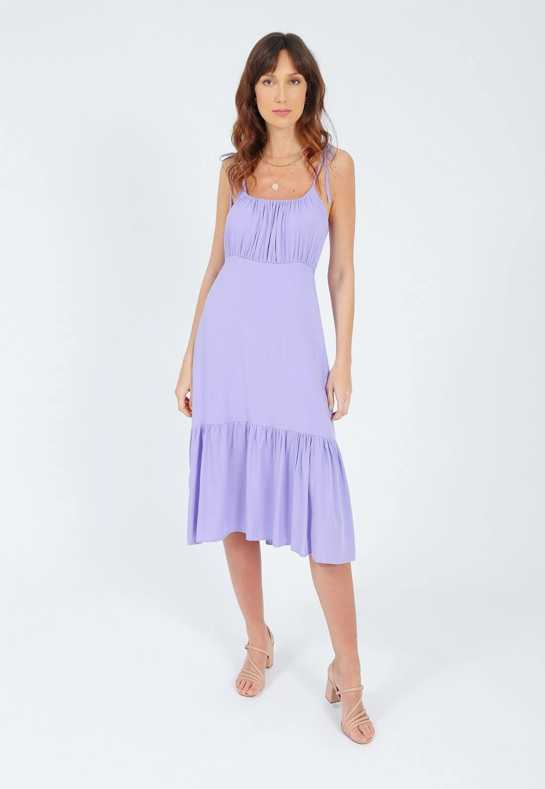Vestido Em Viscolinho Com Alca E Franzidos