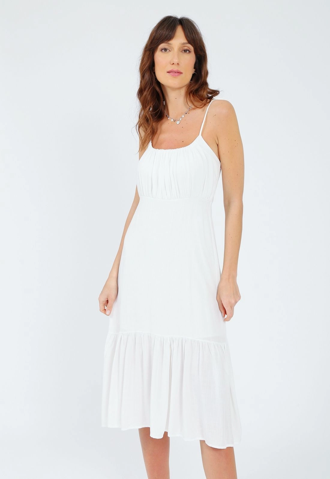 Vestido Em Viscolinho Com Alca E Franzidos
