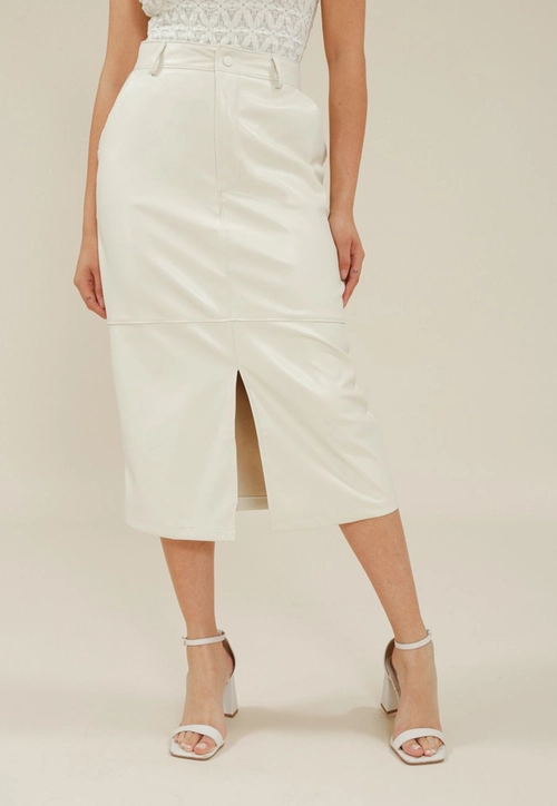 Saia Midi Em PU Com Fenda Frente