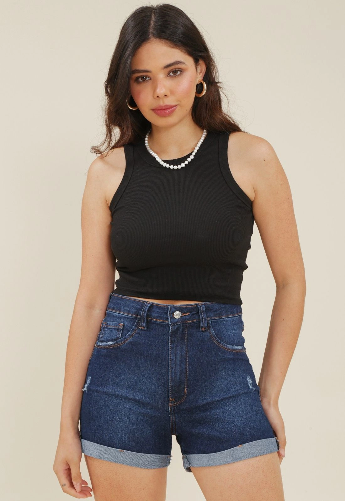Short Jeans Com Lycra Cintura Media Barra Dobrada