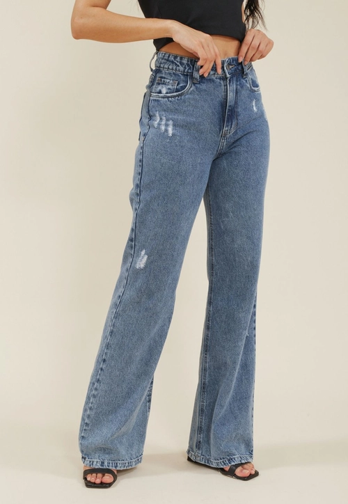 Calça Jeans Wide Leg Cintura Alta Com Puidos