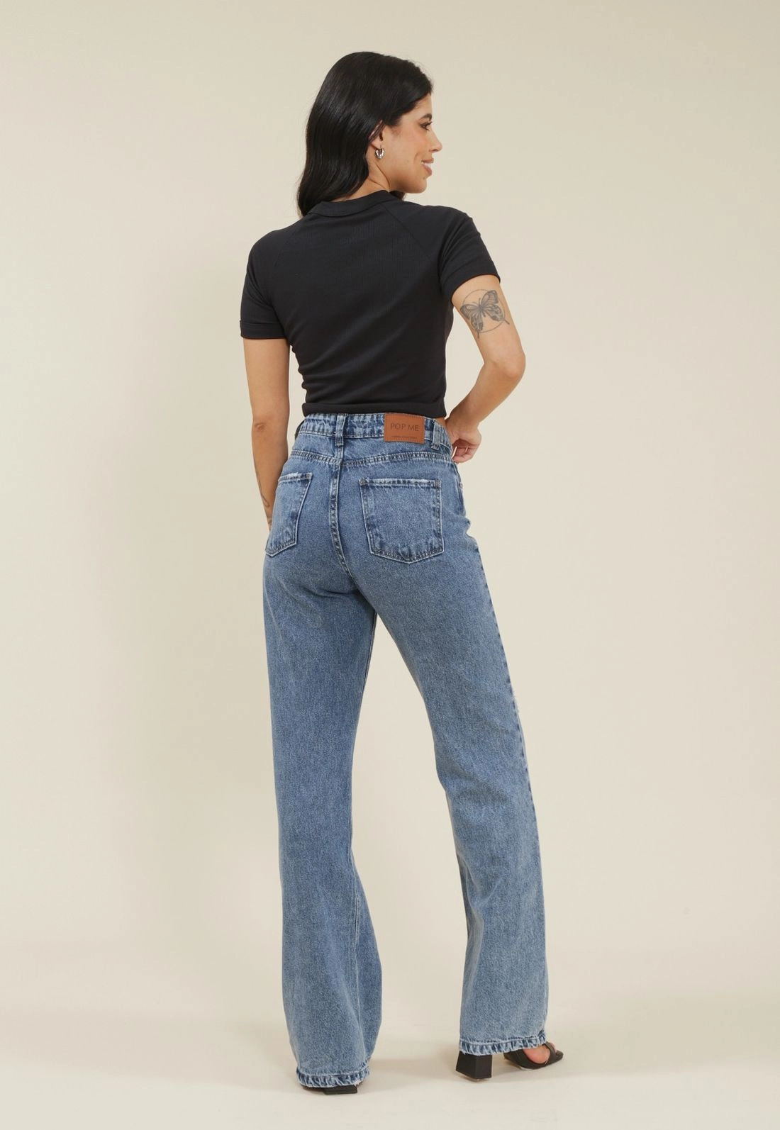 Calça Jeans Wide Leg Cintura Alta Com Puidos