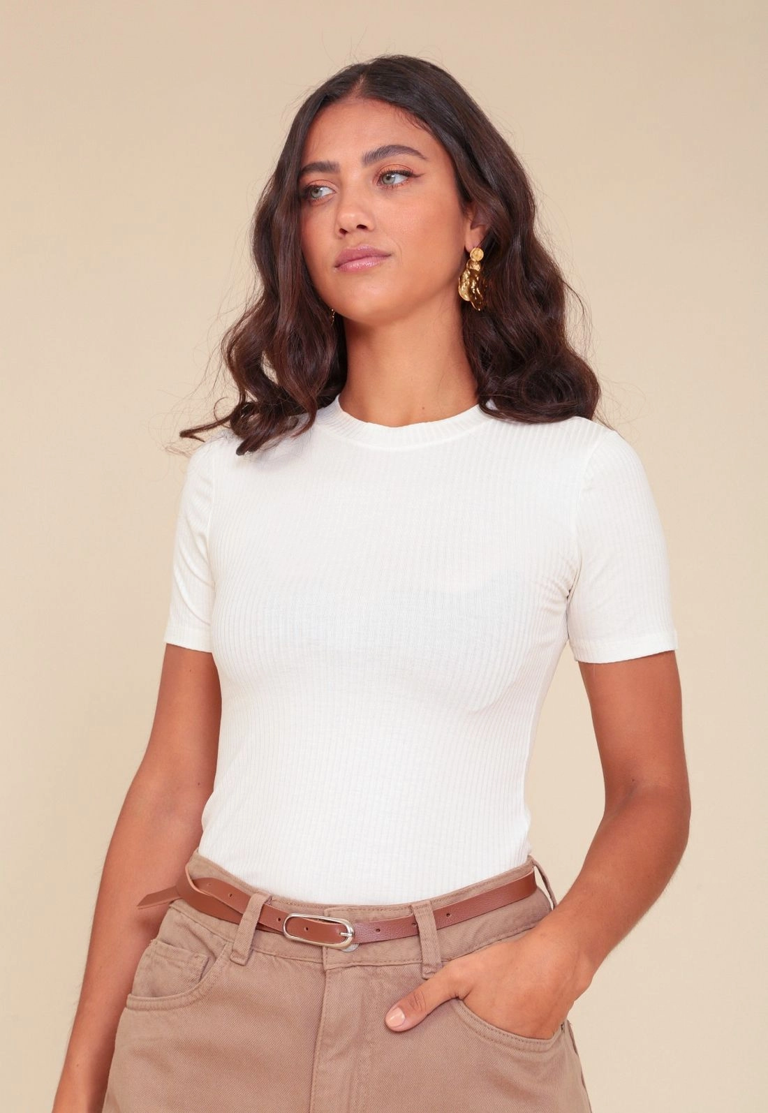 Blusa Canelada Manga Curta Decote Redondo