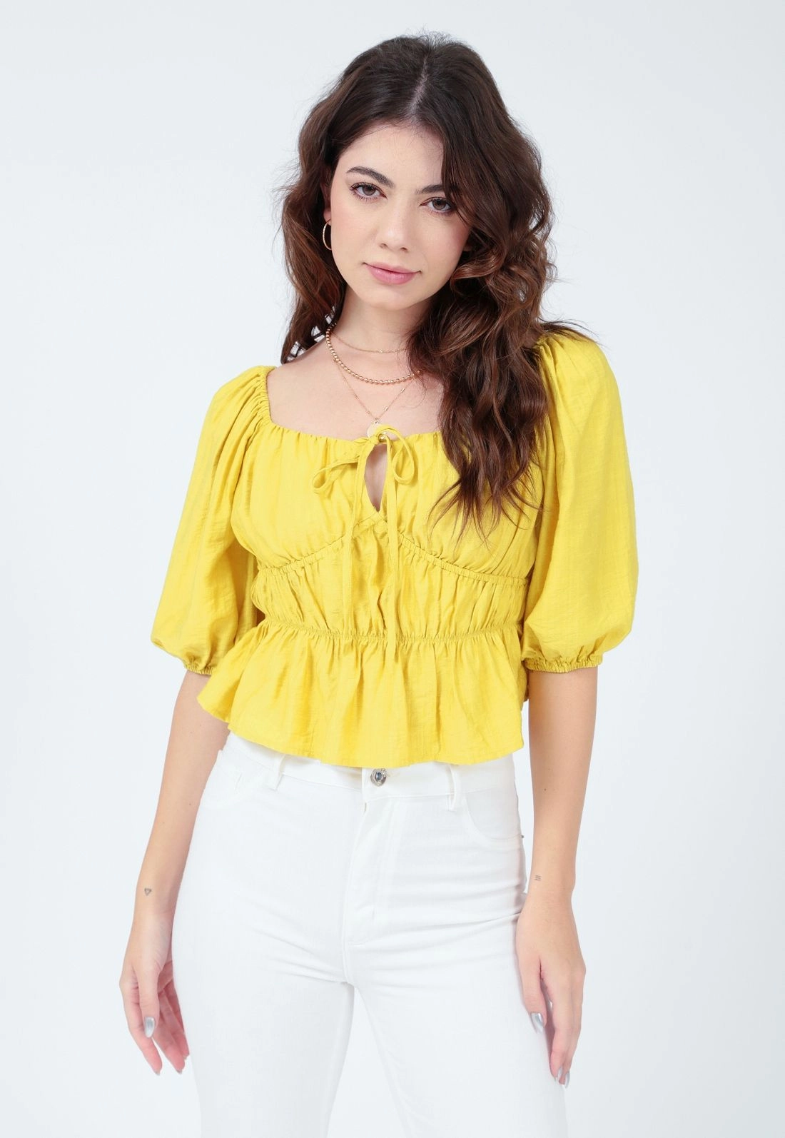 Blusa Crepe 3/4 Recorte Busto Cordão