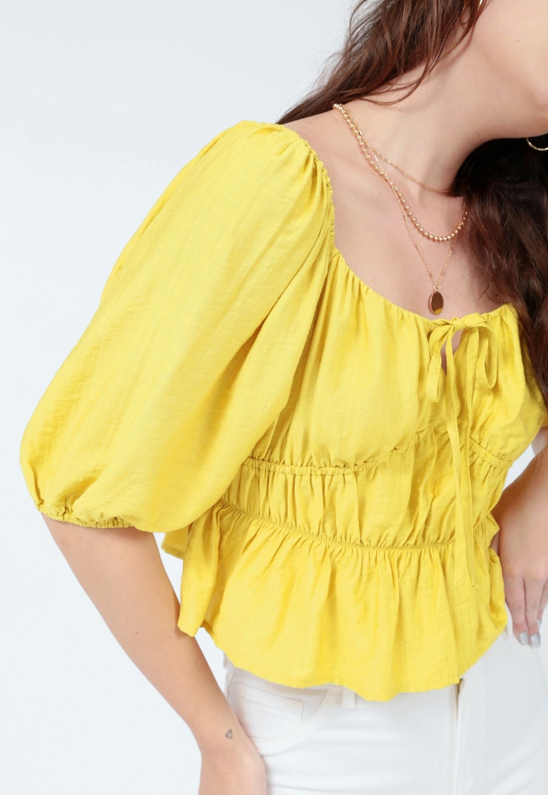 Blusa Crepe 3/4 Recorte Busto Cordão