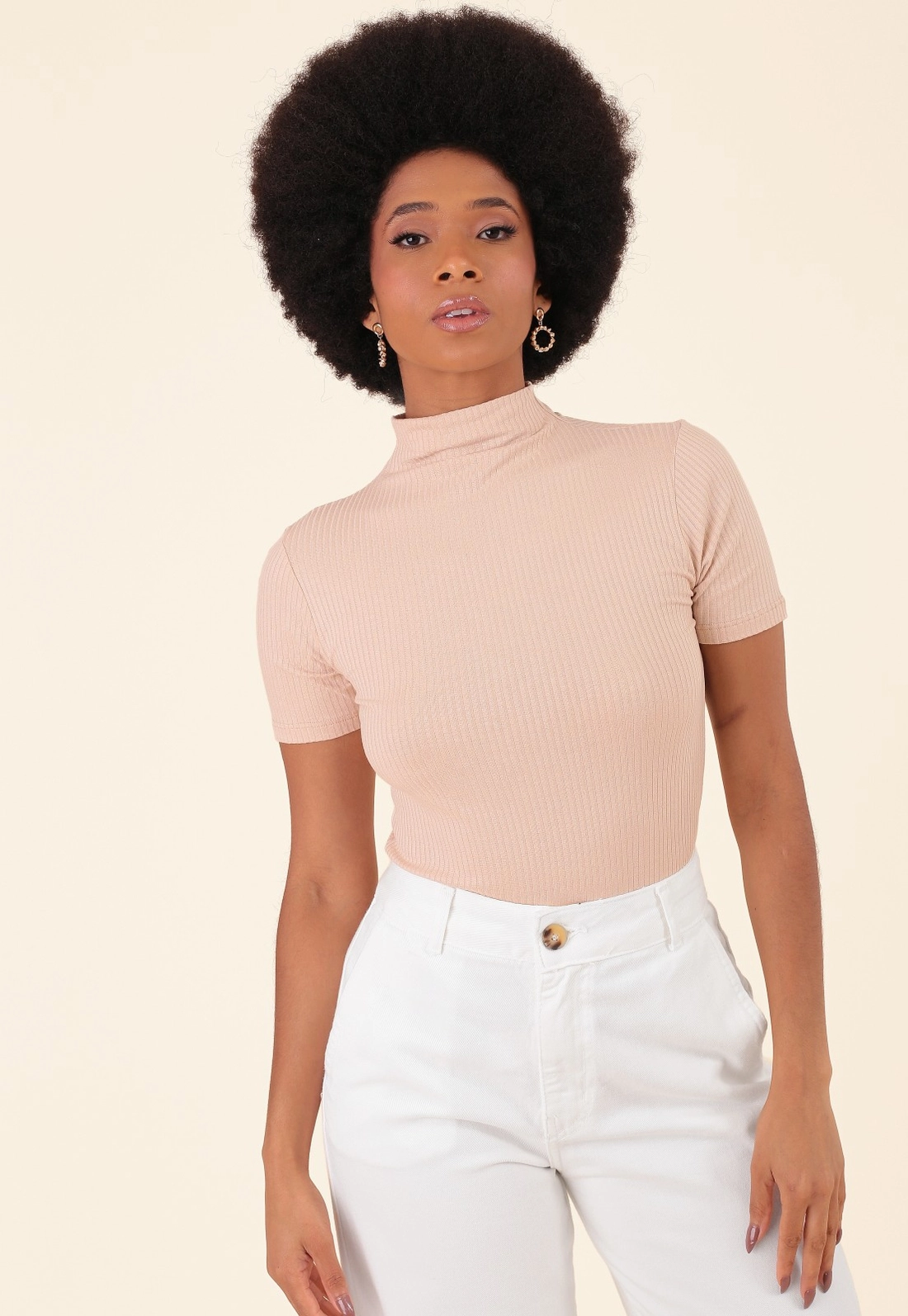 Blusa Canelada Manga Curta Gola Alta