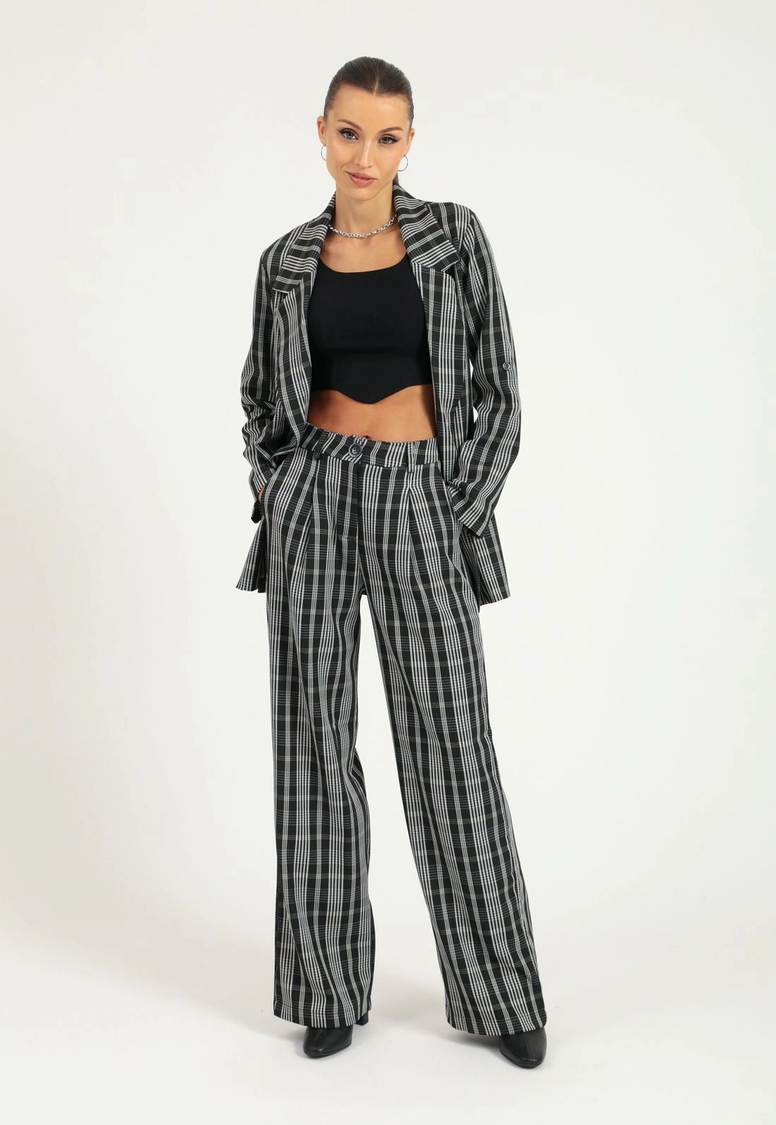 Blazer Crepe Xadrez Abertura Lateral
