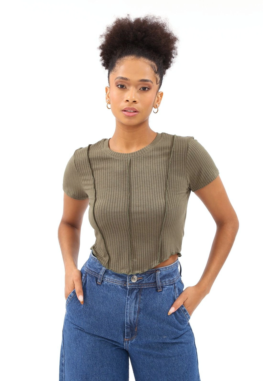 Blusa Canelada Manga Curta Costura Aparente