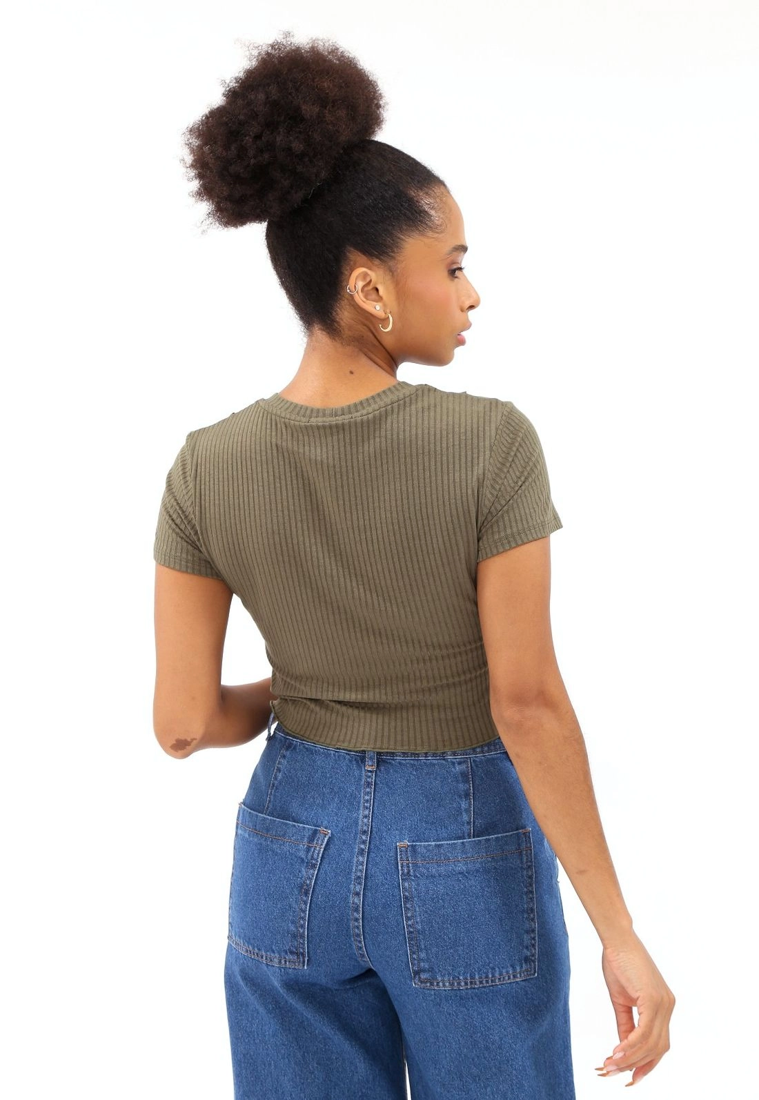 Blusa Canelada Manga Curta Costura Aparente