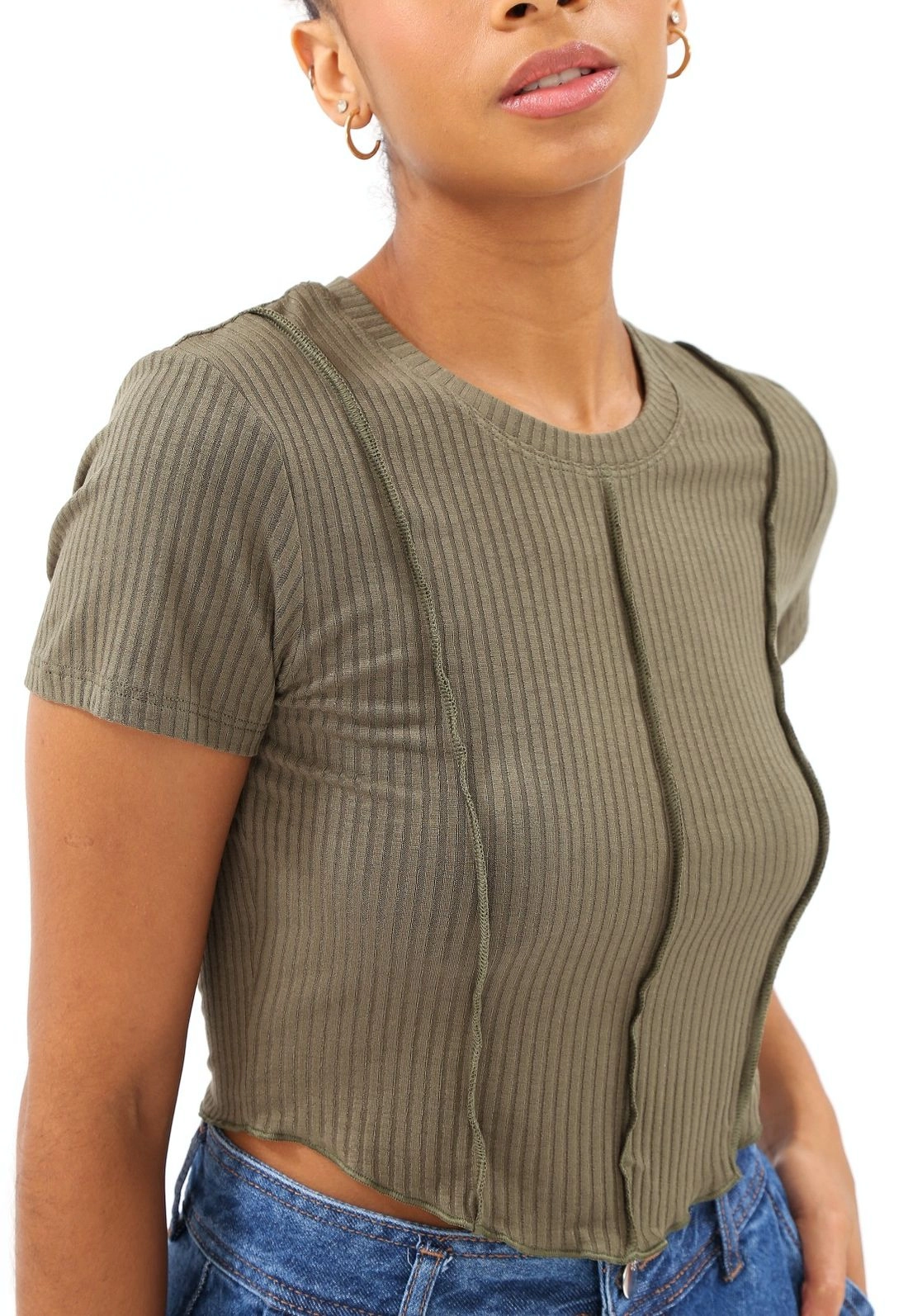 Blusa Canelada Manga Curta Costura Aparente