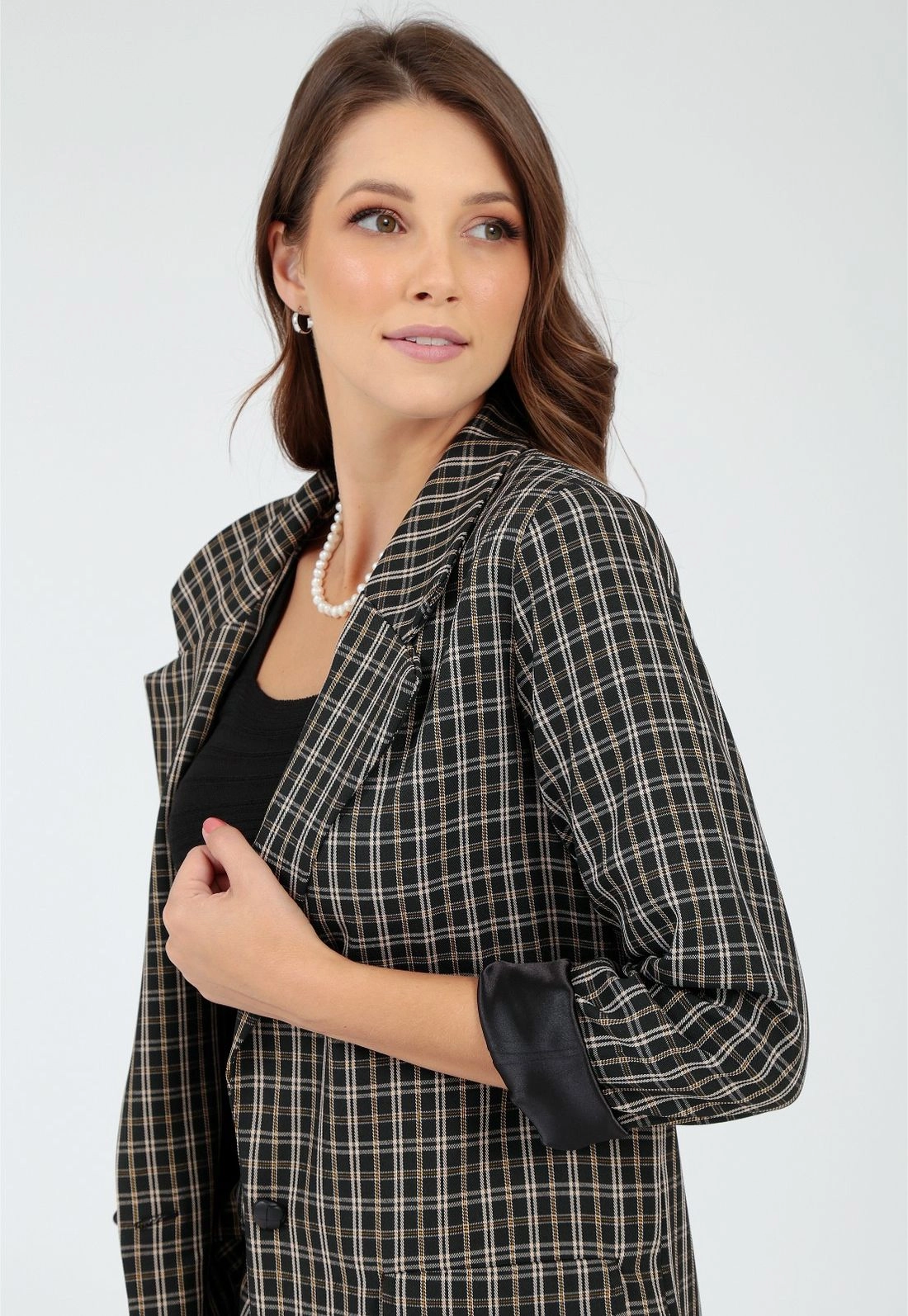 Blazer Alongado Crepe Xadrez