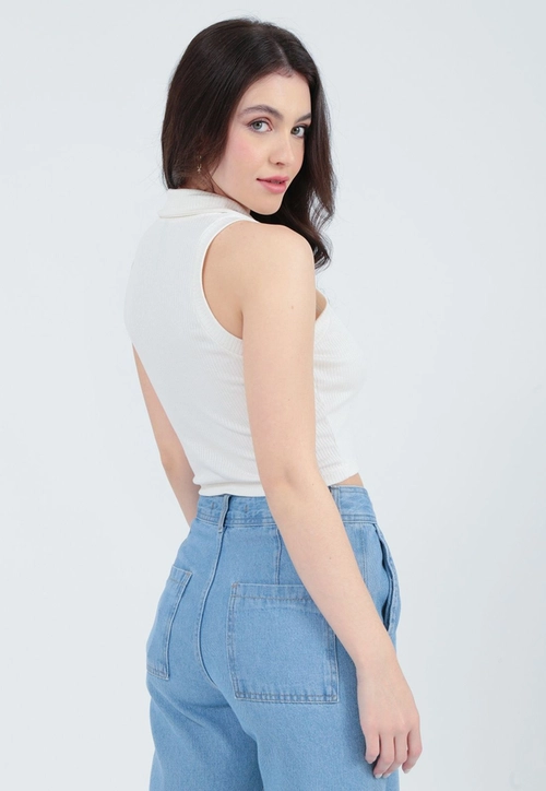 Blusa Canelada Gola Polo Sem Manga