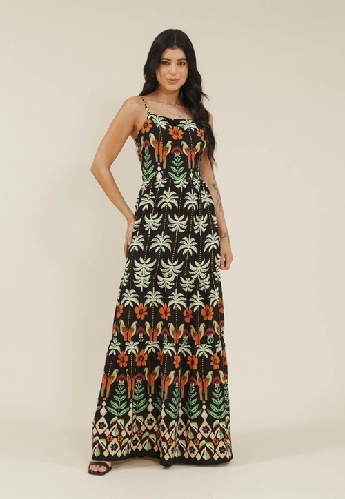 Vestido Midi Em Viscose Alca Com Amarracao Costa Estampa Coqueiros