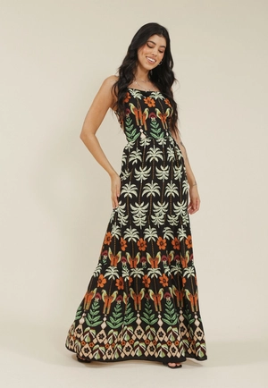 Vestido Midi Em Viscose Alca Com Amarracao Costa Estampa Coqueiros