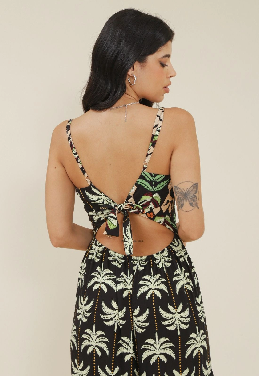 Vestido Midi Em Viscose Alca Com Amarracao Costa Estampa Coqueiros