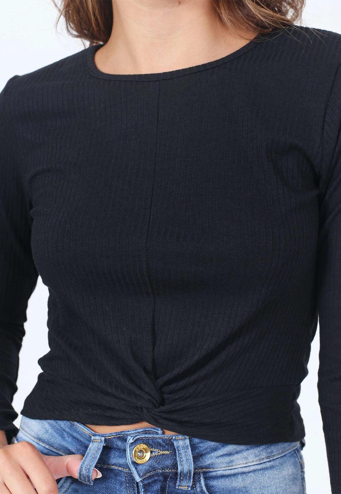 Blusa Canelada Manga Longa Nó Frontal