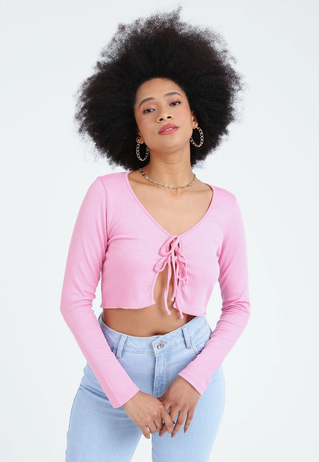 Blusa Canelada Manga Longa Amarração