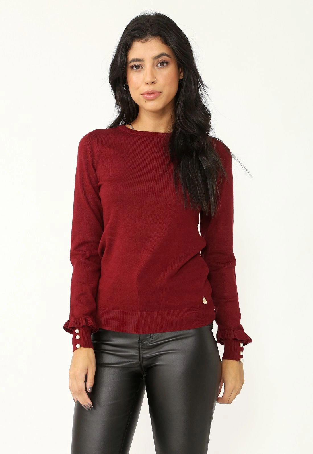 Blusa Tricô Manga Longa Babado Perola