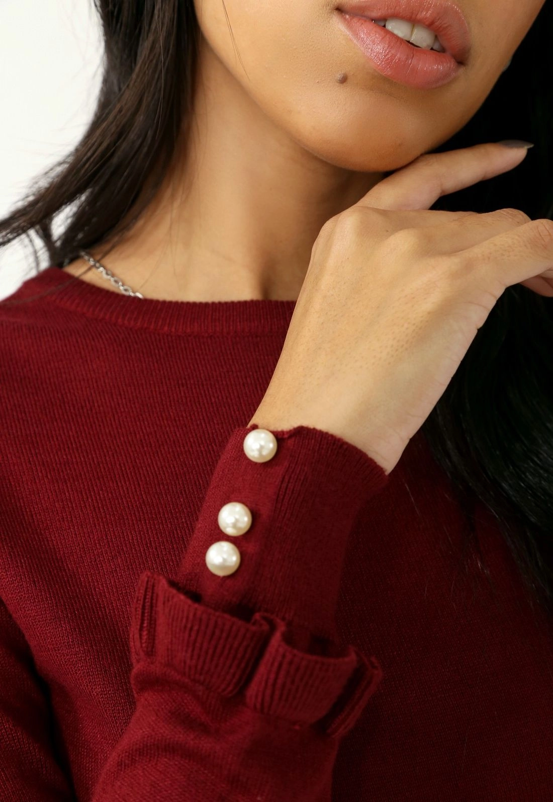 Blusa Tricô Manga Longa Babado Perola