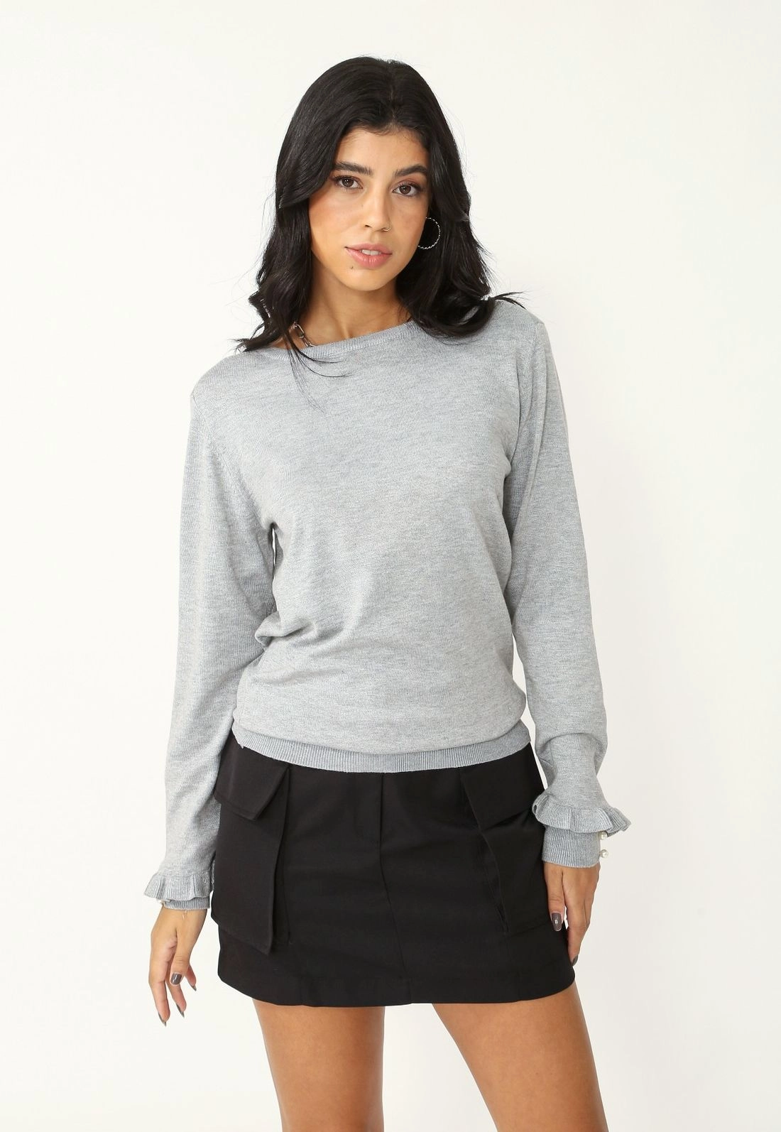Blusa Tricô Manga Longa Babado Perola