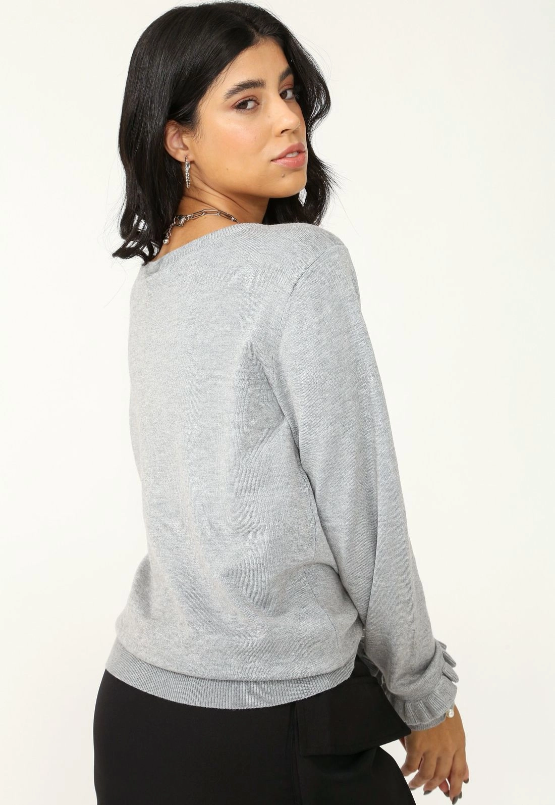 Blusa Tricô Manga Longa Babado Perola