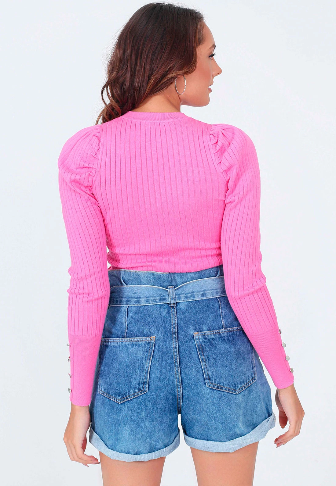Blusa Tricô Canelada Manga Bufante