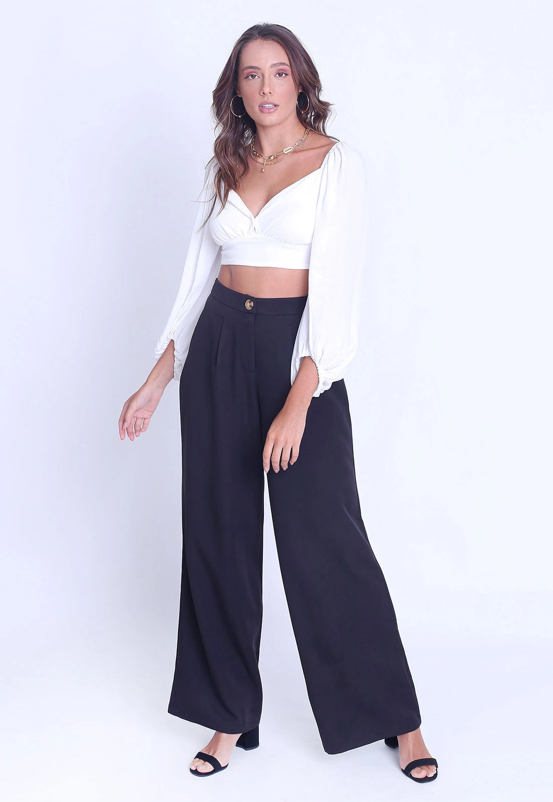 Calça Crepe Pantalona Pregas