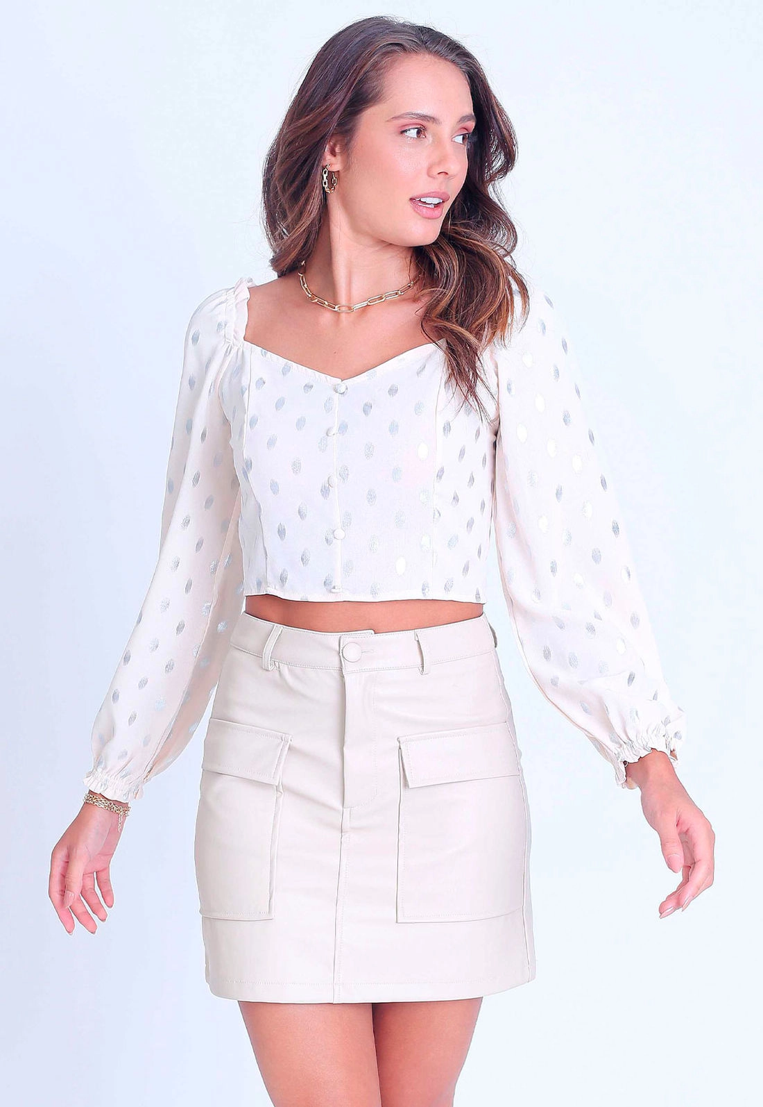 Blusa Cropped Poá Prata