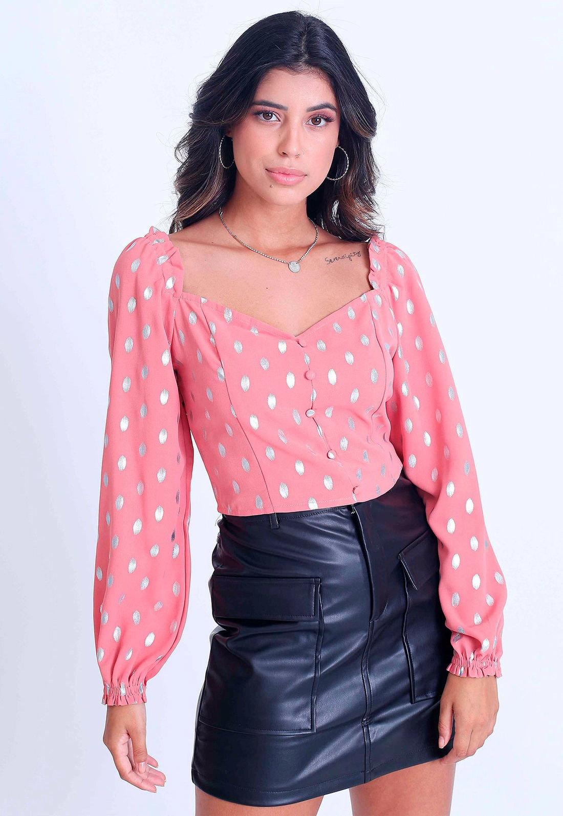 Blusa Cropped Poá Prata