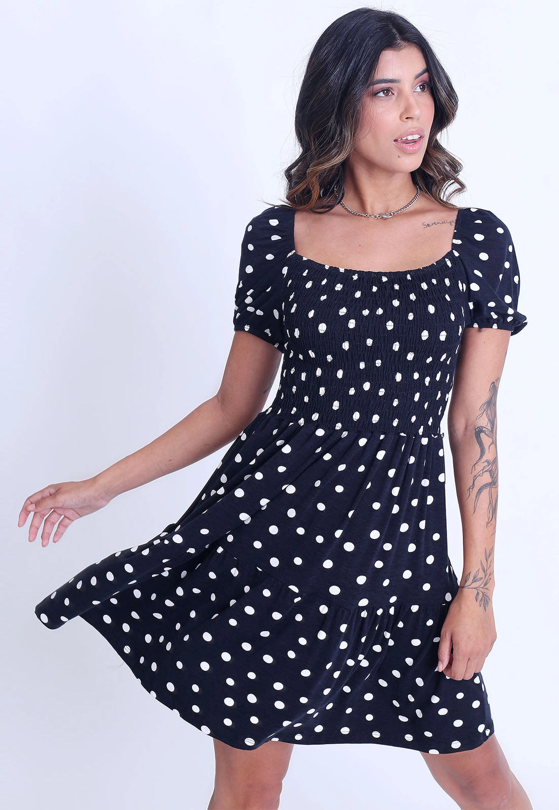 Vestido Manga Curta Poá Lastex