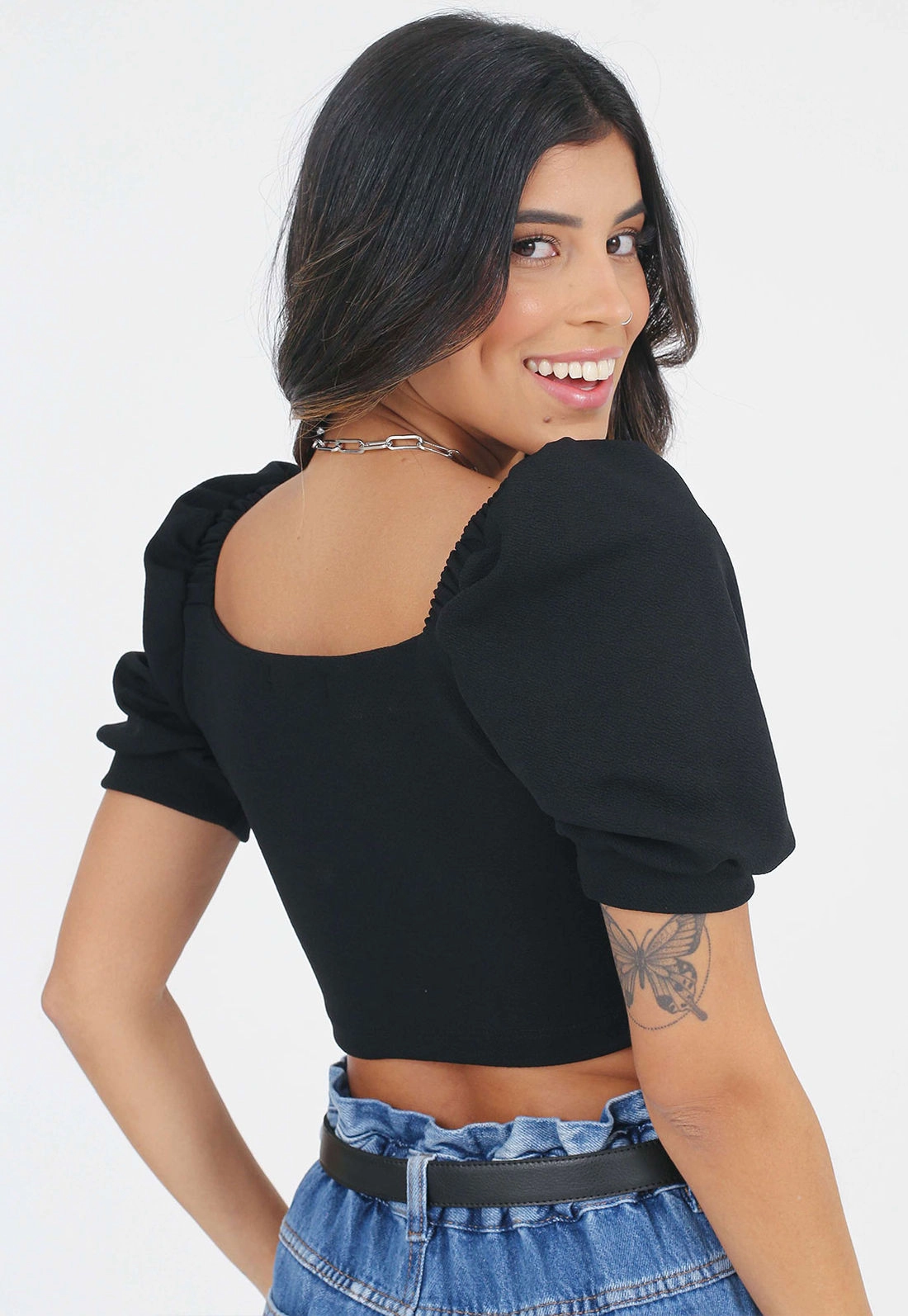 Blusa Cropped Manga Bufante