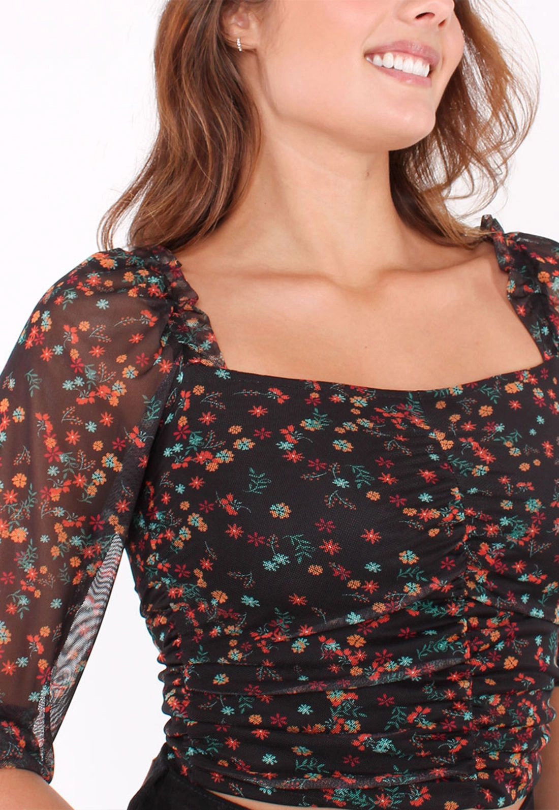 Blusa Cropped Tule Flores