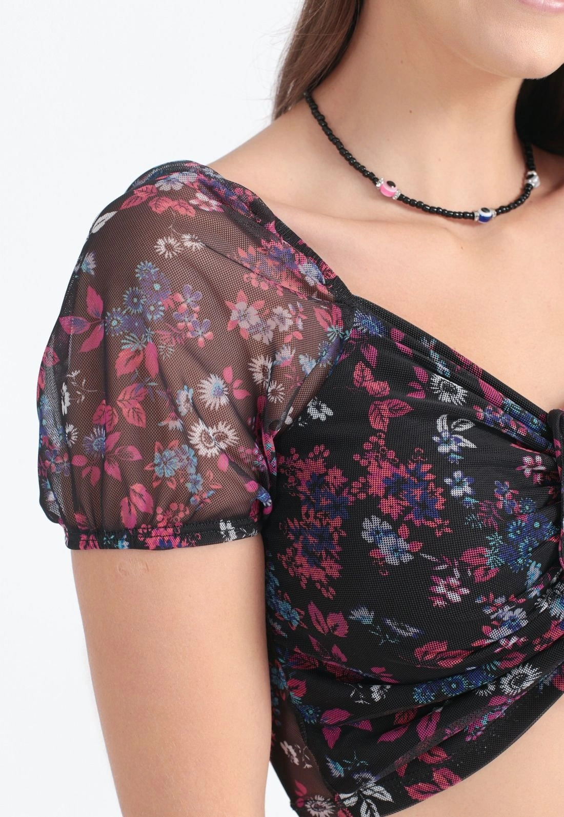 Blusa Cropped Tule Manga Curta