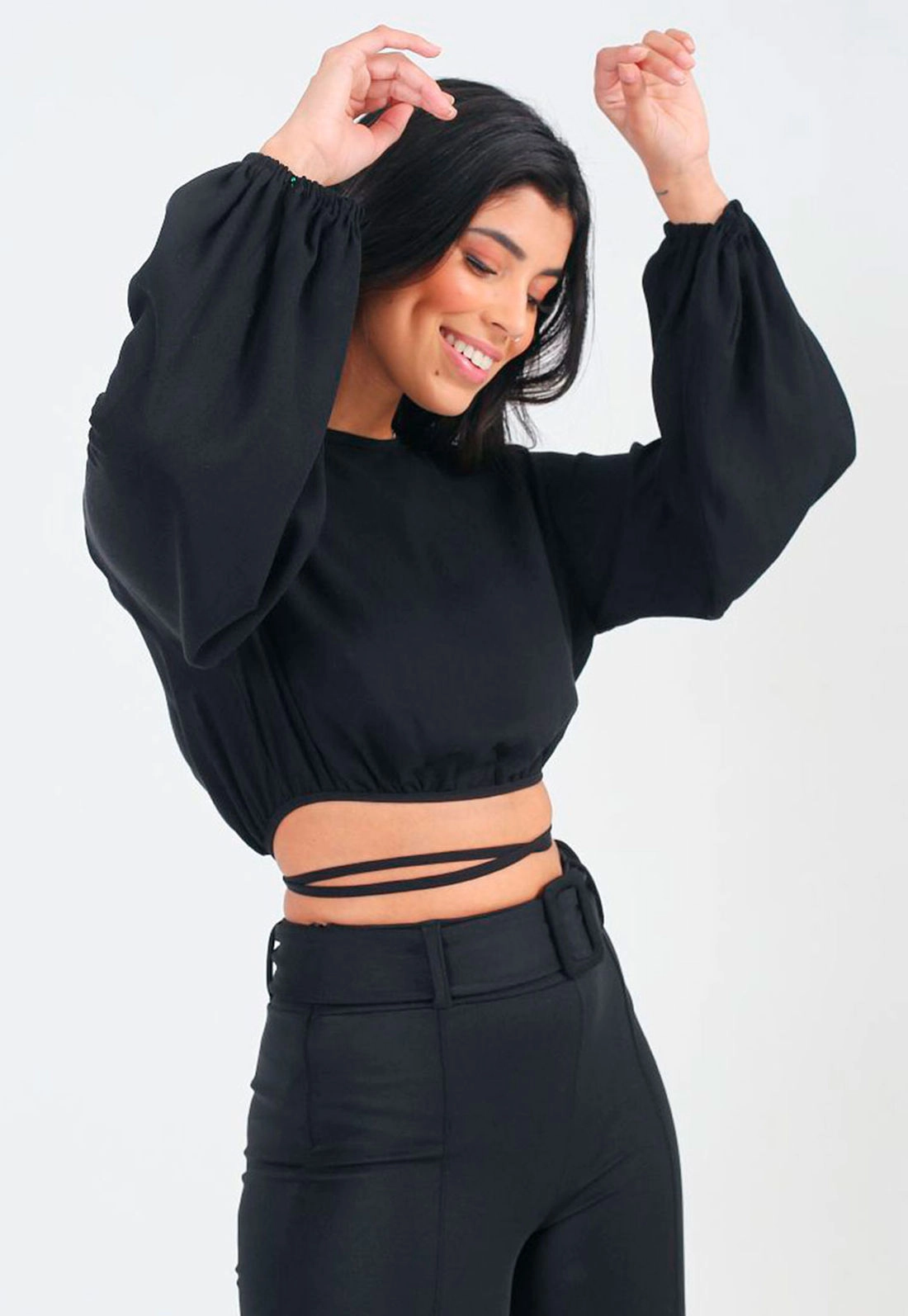 Blusa Cropped Manga Longa Amarração