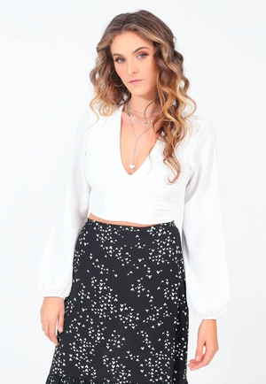 Blusa Crepe Cropped Manga Longa