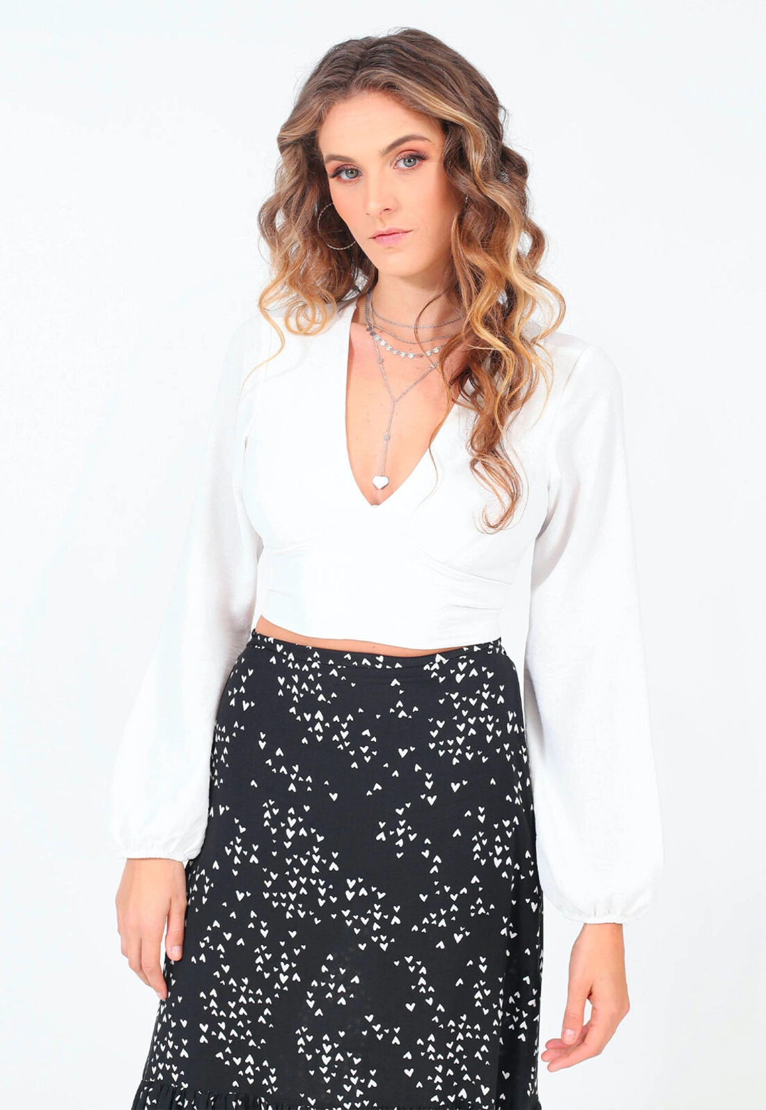 Blusa Crepe Cropped Manga Longa