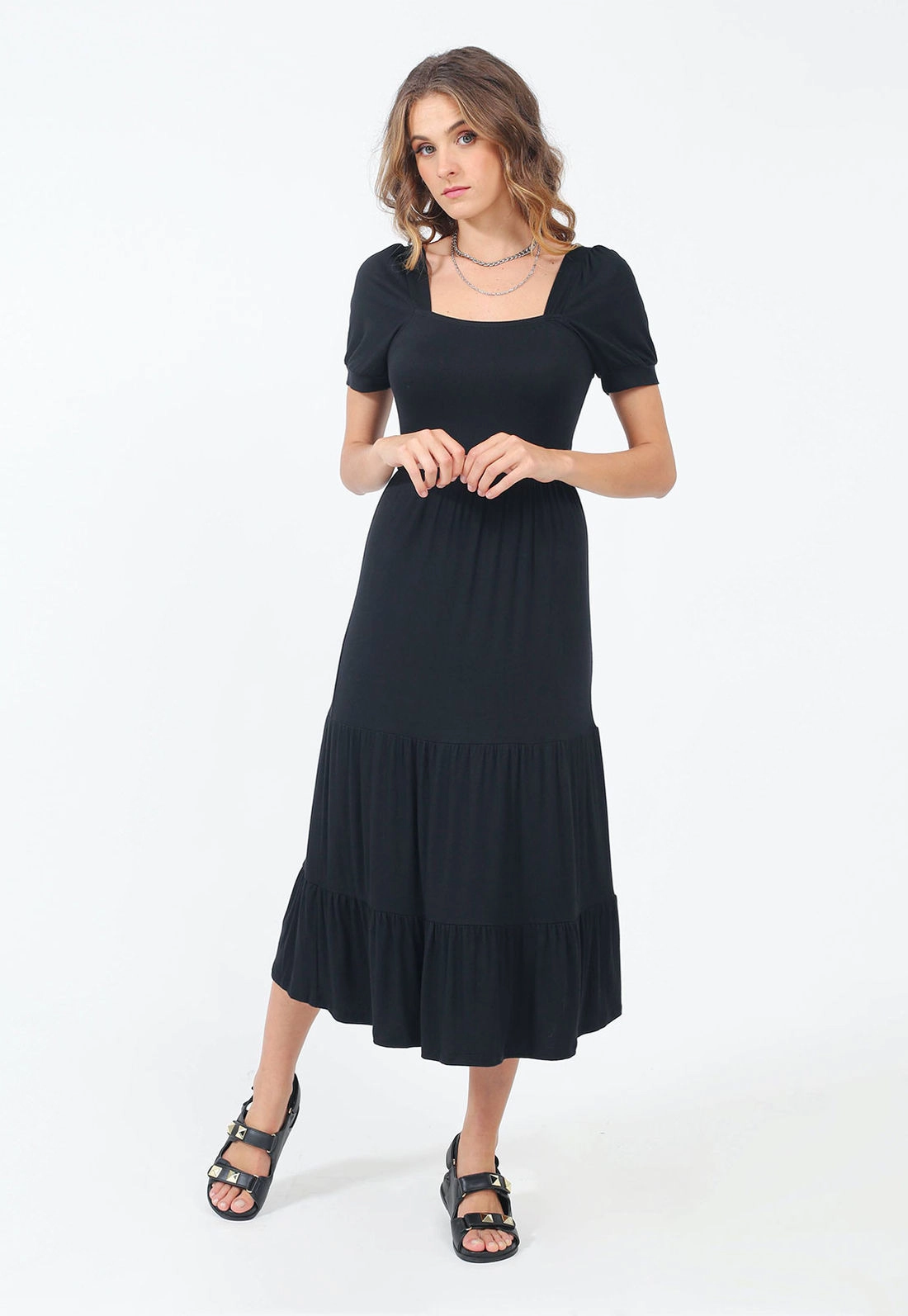 Vestido Midi Manga Curta Liso