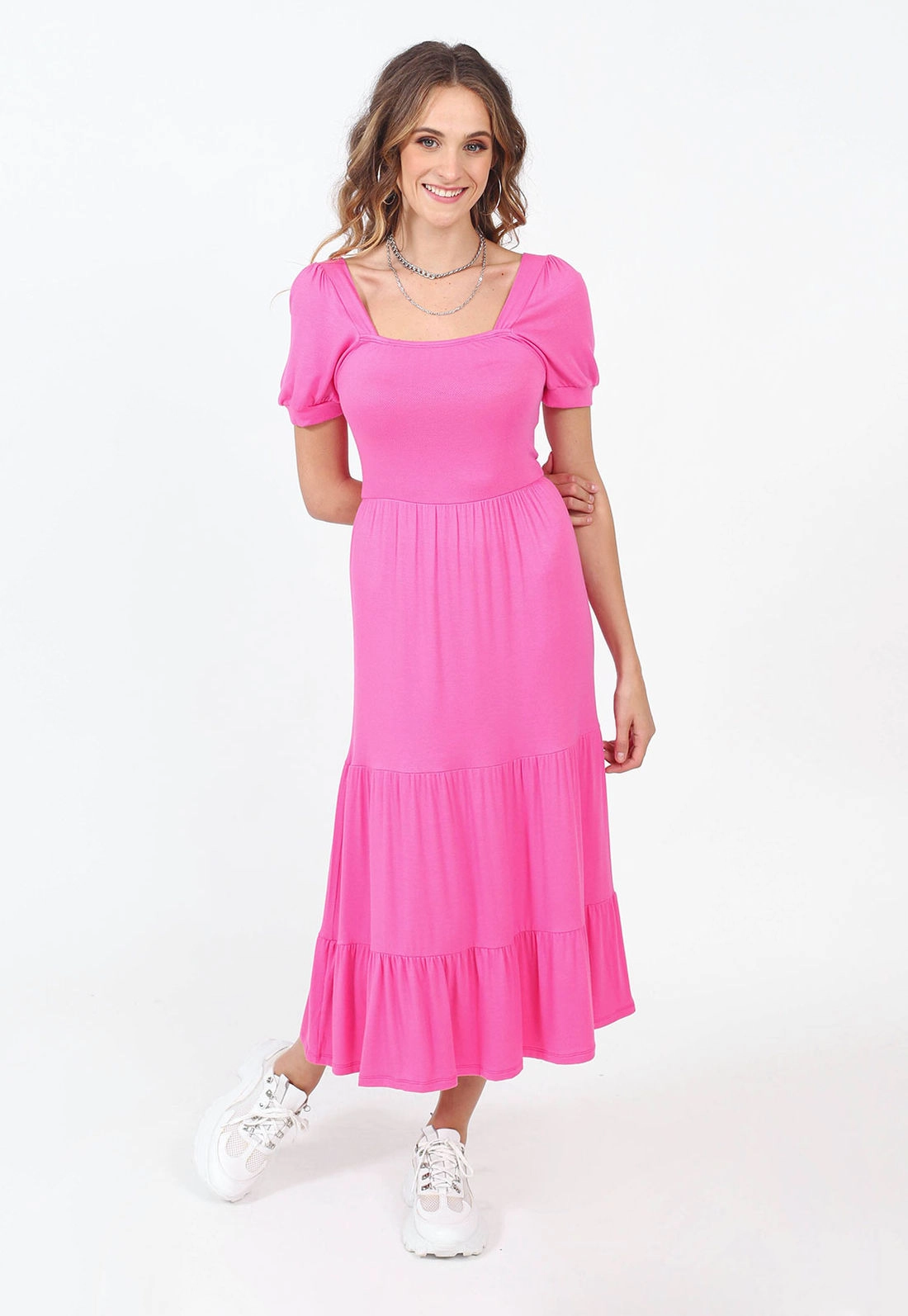 Vestido Midi Manga Curta Liso