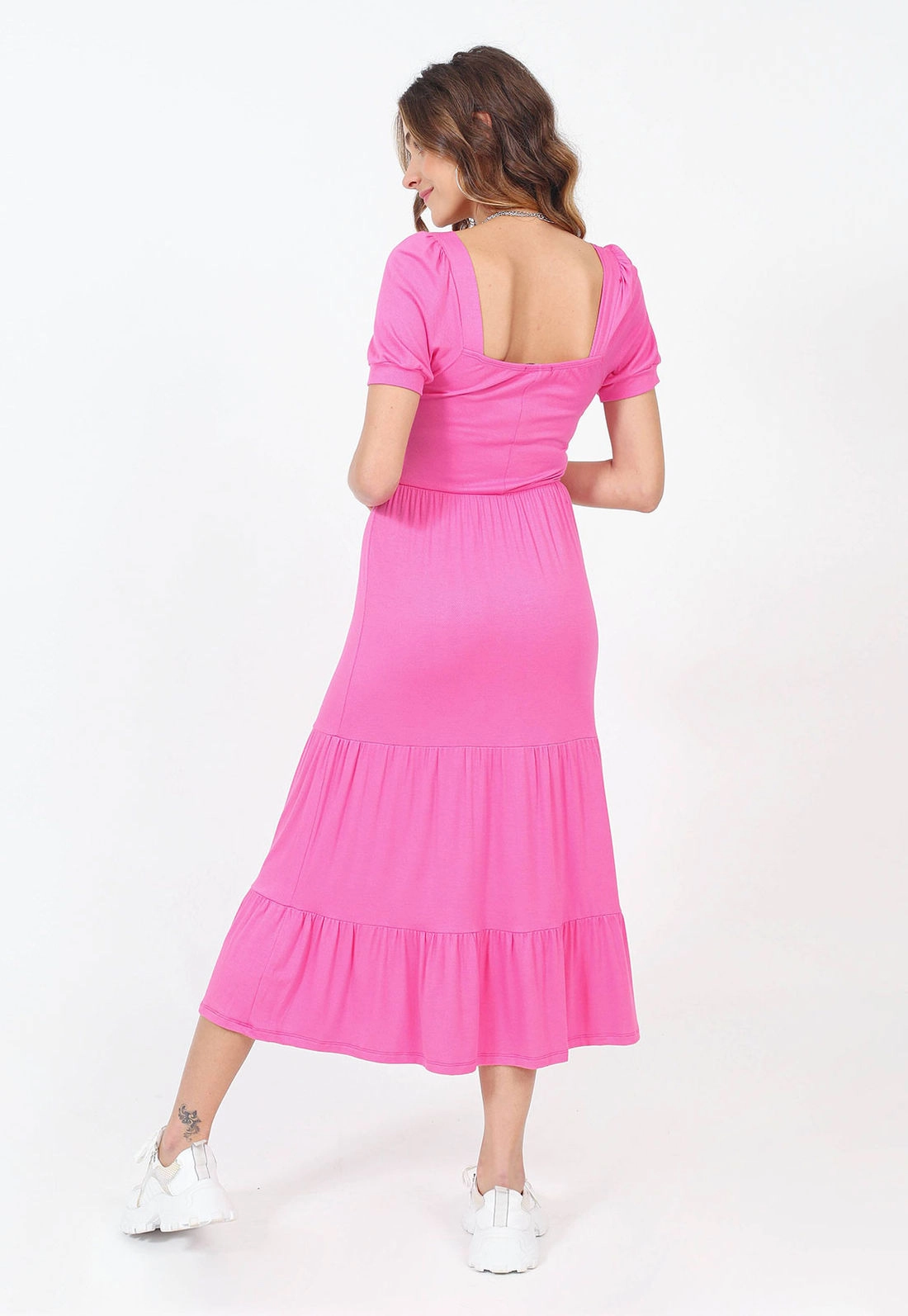 Vestido Midi Manga Curta Liso