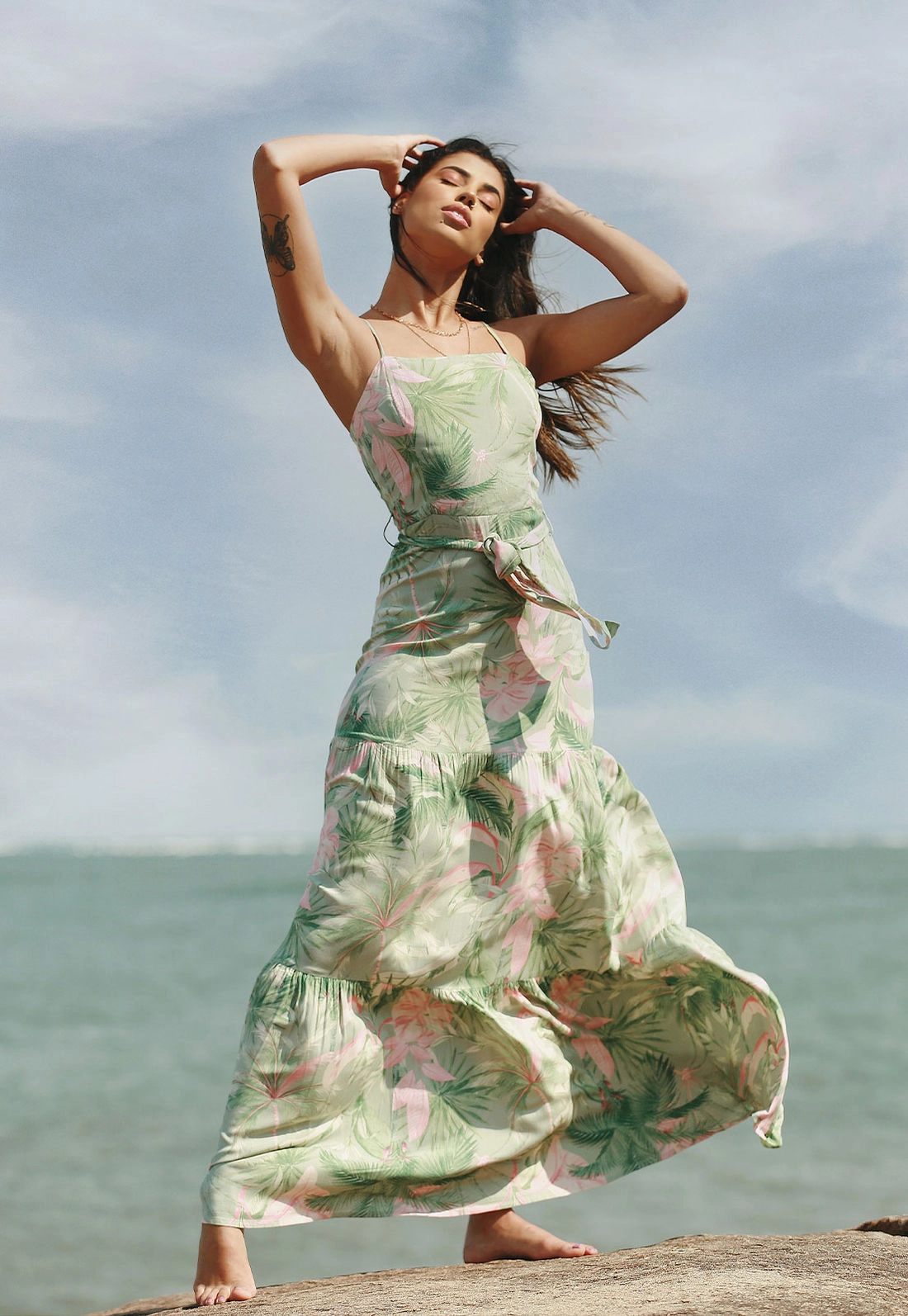 Vestido Longo Alça Folhagens