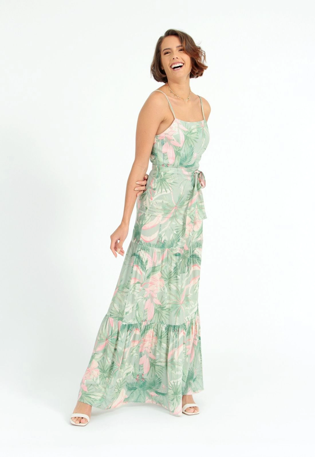 Vestido Longo Alça Folhagens