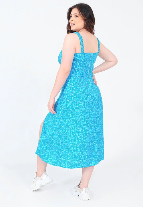 Vestido Midi Fenda Poá Azul
