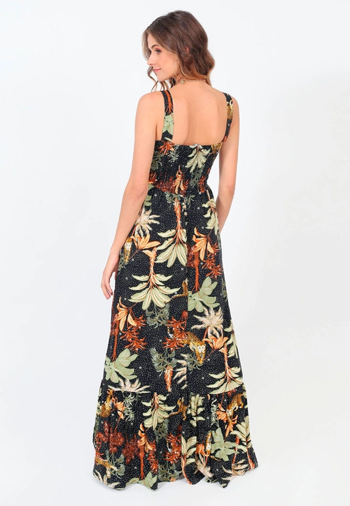 Vestido Longo Viscose Folhagem
