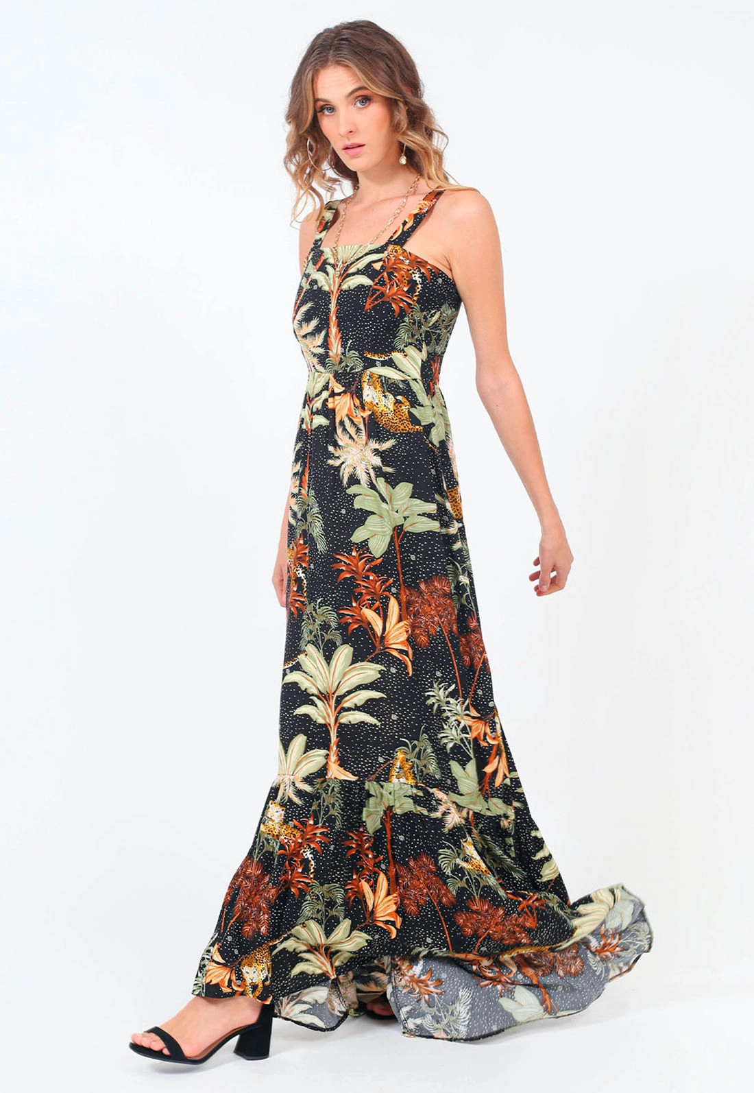 Vestido Longo Viscose Folhagem