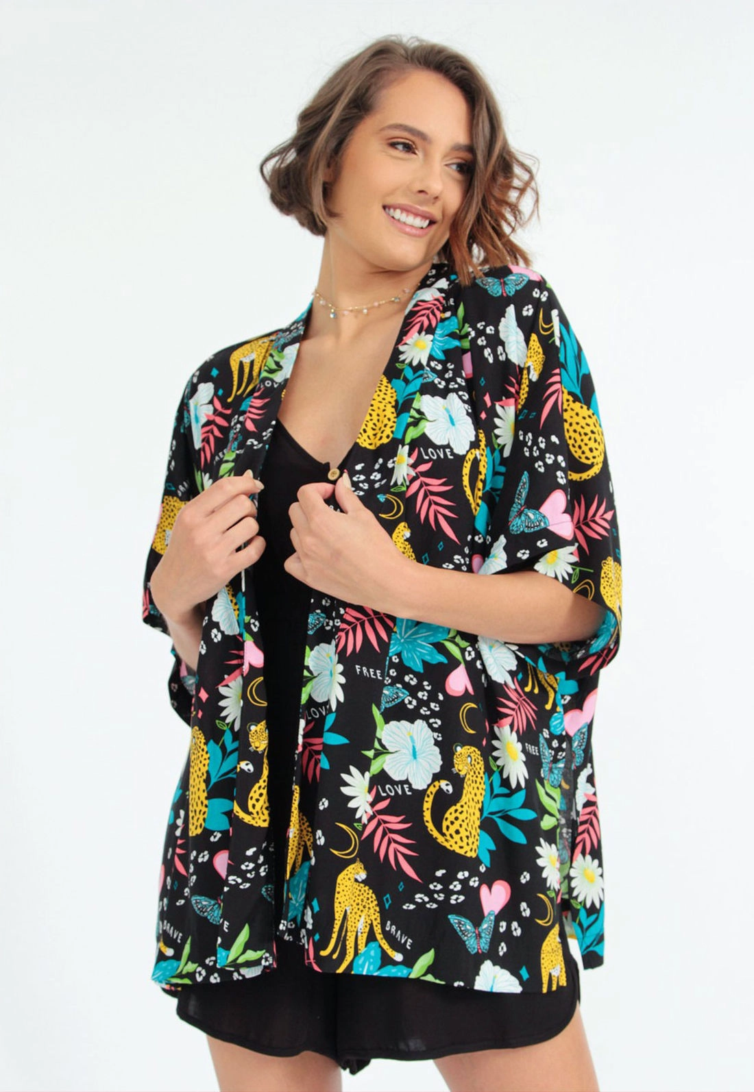 Kimono Viscose Manga Curta Estampado
