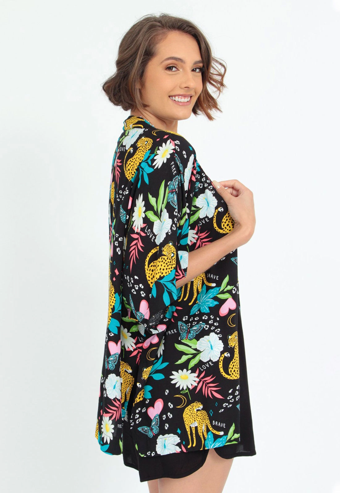 Kimono Viscose Manga Curta Estampado